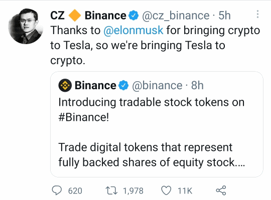 توئیت مدیر عامل بایننس - توکن تسلا - دیجینوست